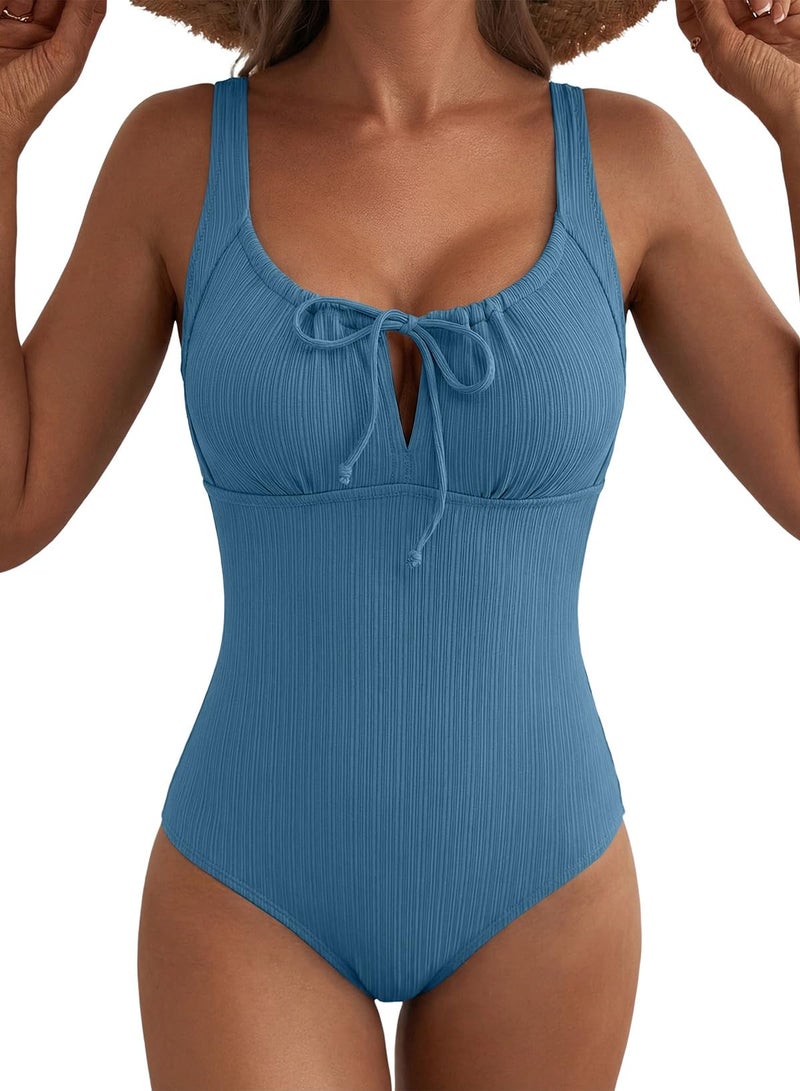 Aleumdr Textured Swimsuits for Women 2026 Tummy Control Tie Knot One Piece Bathing Suit Drawstring Slimming Vintage Swimwear Blue Large - Image 1