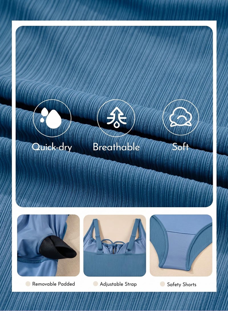 Aleumdr Textured Swimsuits for Women 2026 Tummy Control Tie Knot One Piece Bathing Suit Drawstring Slimming Vintage Swimwear Blue Large - Image 5