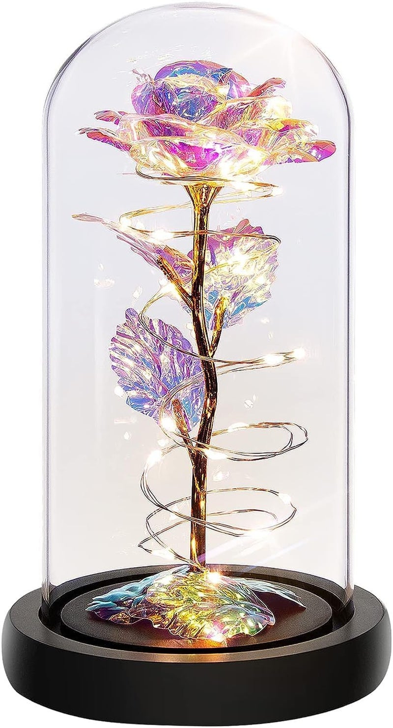 JRS TRADERS Rose Flower Gifts for WomenBirthday Gifts for Women Colorful Rainbow Artificial Flower Rose Light Up Rose in Acrylic DomeWomen GiftsValentinesAnniversaryWedding Gifts - Image 1
