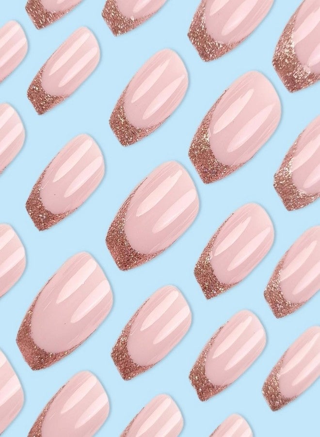 OFDNE French Tip Press on Nails Medium Coffin OFDNE Champagne Colour Fake Nails False Nails with Glitter Designs Full Cover Glossy Glue on Nails French Manicure Acrylic Nails for Women Girls 24Pcs - Image 4