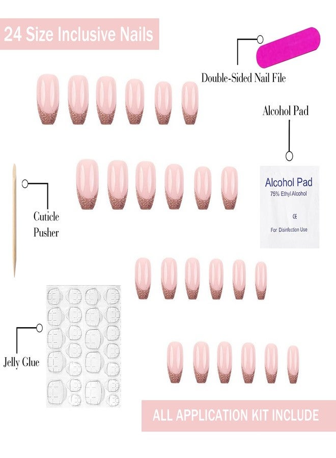 OFDNE French Tip Press on Nails Medium Coffin OFDNE Champagne Colour Fake Nails False Nails with Glitter Designs Full Cover Glossy Glue on Nails French Manicure Acrylic Nails for Women Girls 24Pcs - Image 3