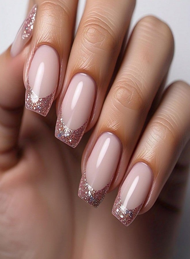 OFDNE French Tip Press on Nails Medium Coffin OFDNE Champagne Colour Fake Nails False Nails with Glitter Designs Full Cover Glossy Glue on Nails French Manicure Acrylic Nails for Women Girls 24Pcs - Image 1