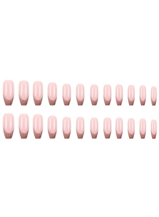 OFDNE French Tip Press on Nails Medium Coffin OFDNE Champagne Colour Fake Nails False Nails with Glitter Designs Full Cover Glossy Glue on Nails French Manicure Acrylic Nails for Women Girls 24Pcs - Image 5