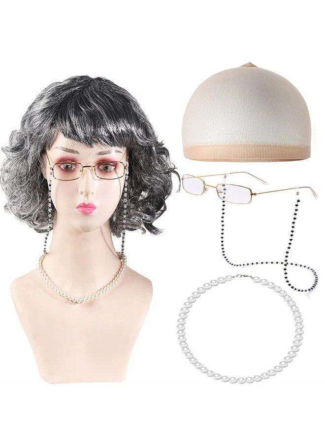 Old Lady Costume for Women, Granny Cosplay Wig Set, 100 Days of School Costume for Kids Girls, Wig Glasses Wig Cap Pearl Necklace Accessories, 4 Pieces, Black  - Image 1