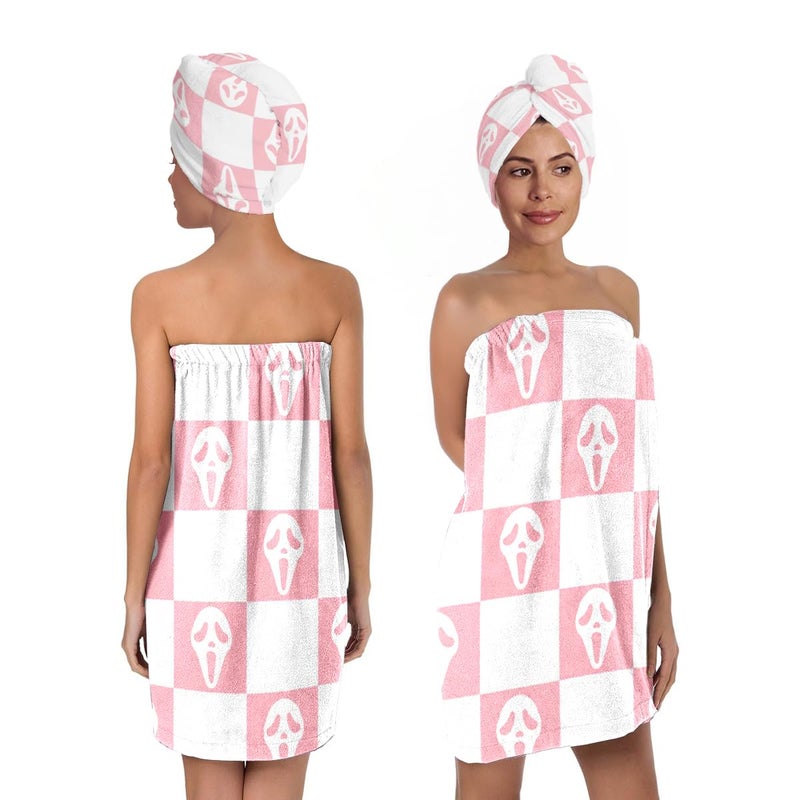 EENSYWEENSY Horror Spooky Face Microfiber Bath Wrap Set with Hair Towel, Checkered Design, 31.5x59 inches (Pink White) - Image 1