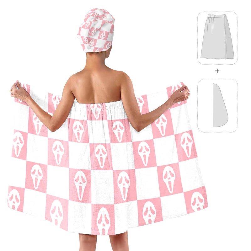 EENSYWEENSY Horror Spooky Face Microfiber Bath Wrap Set with Hair Towel, Checkered Design, 31.5x59 inches (Pink White) - Image 2