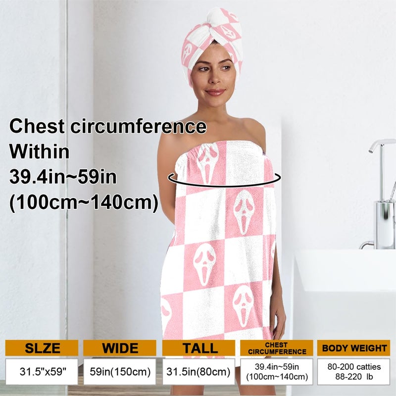 EENSYWEENSY Horror Spooky Face Microfiber Bath Wrap Set with Hair Towel, Checkered Design, 31.5x59 inches (Pink White) - Image 3