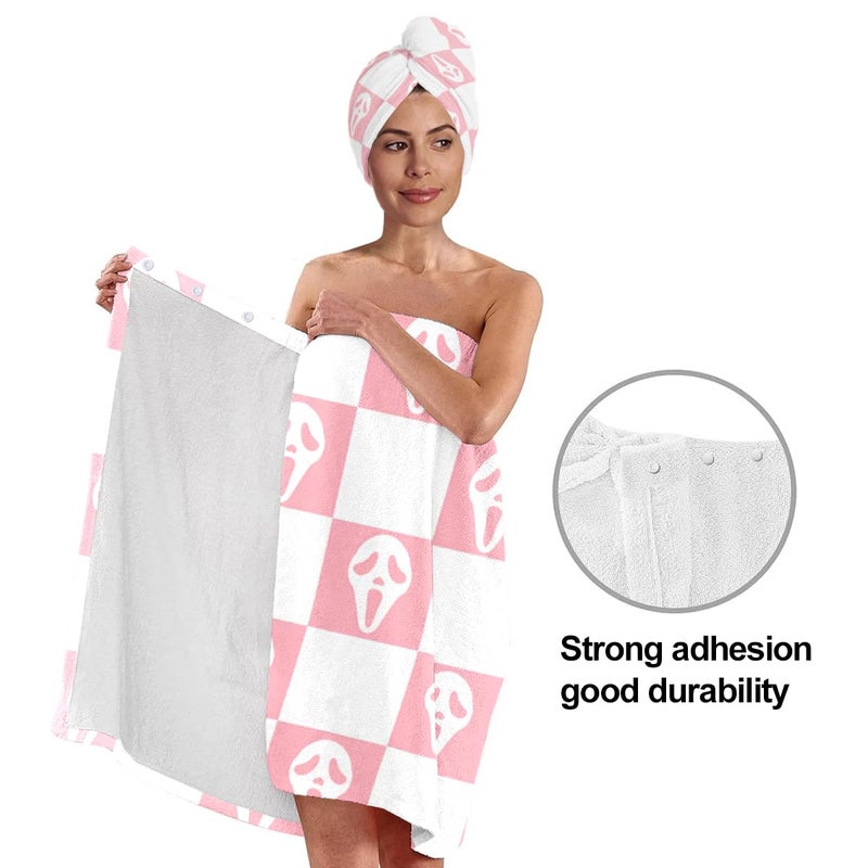 EENSYWEENSY Horror Spooky Face Microfiber Bath Wrap Set with Hair Towel, Checkered Design, 31.5x59 inches (Pink White) - Image 4