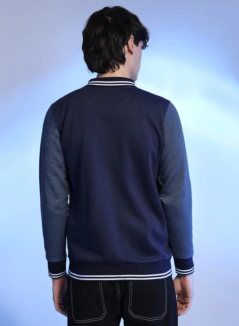 Campus Sutra Men's Navy Blue Zip-Front Jacket With Contrast Striped Hem