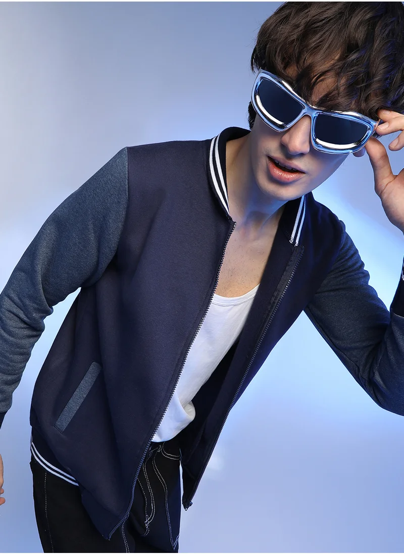Campus Sutra Men's Navy Blue Zip-Front Jacket With Contrast Striped Hem