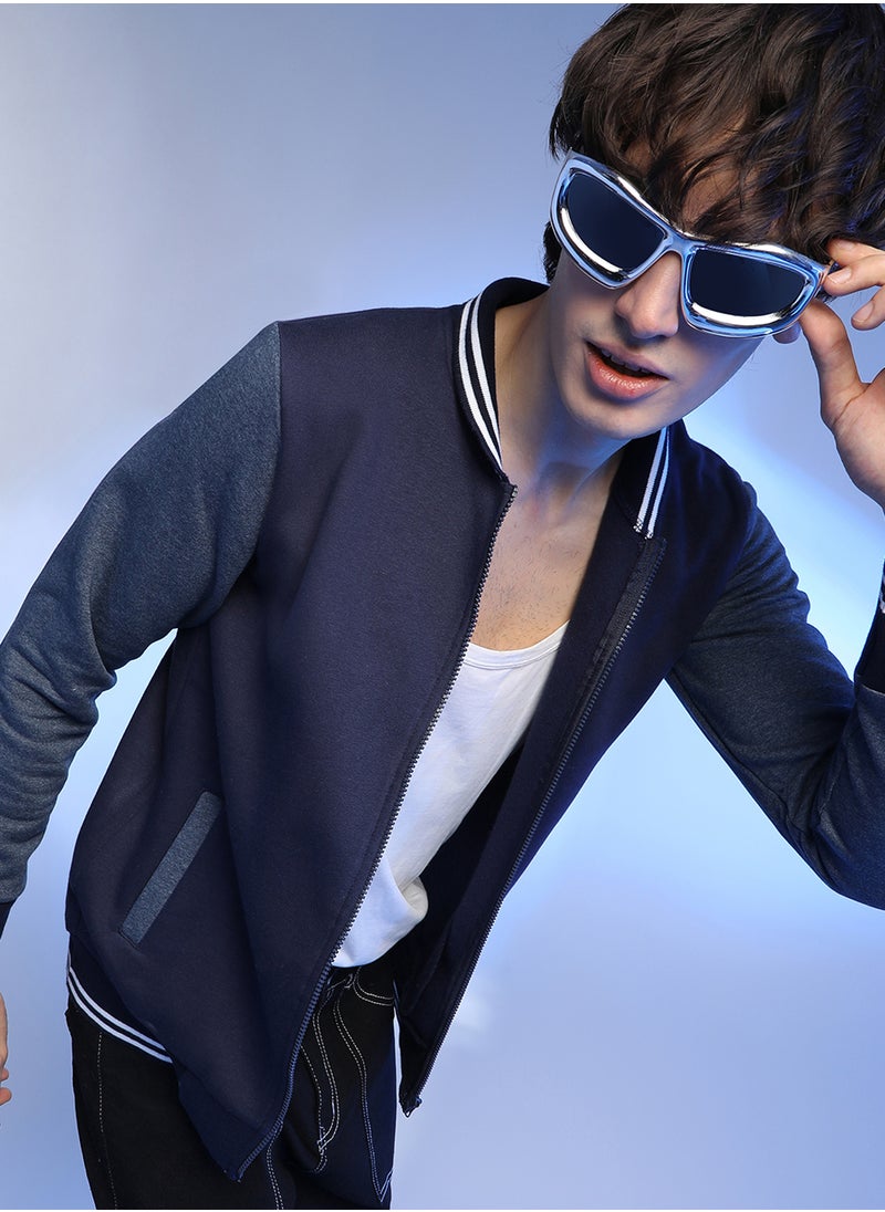 كامبوس سوترا Men's Navy Blue Zip-Front Jacket With Contrast Striped Hem  - Image 1