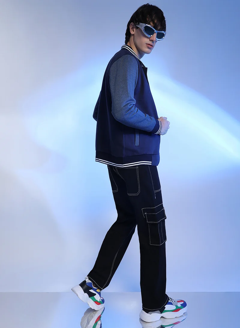 Campus Sutra Men's Navy Blue Zip-Front Jacket With Contrast Striped Hem