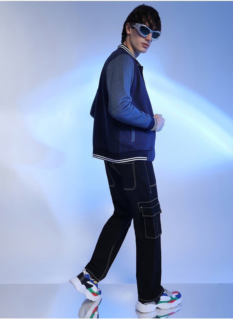 كامبوس سوترا Men's Navy Blue Zip-Front Jacket With Contrast Striped Hem  - Image 5