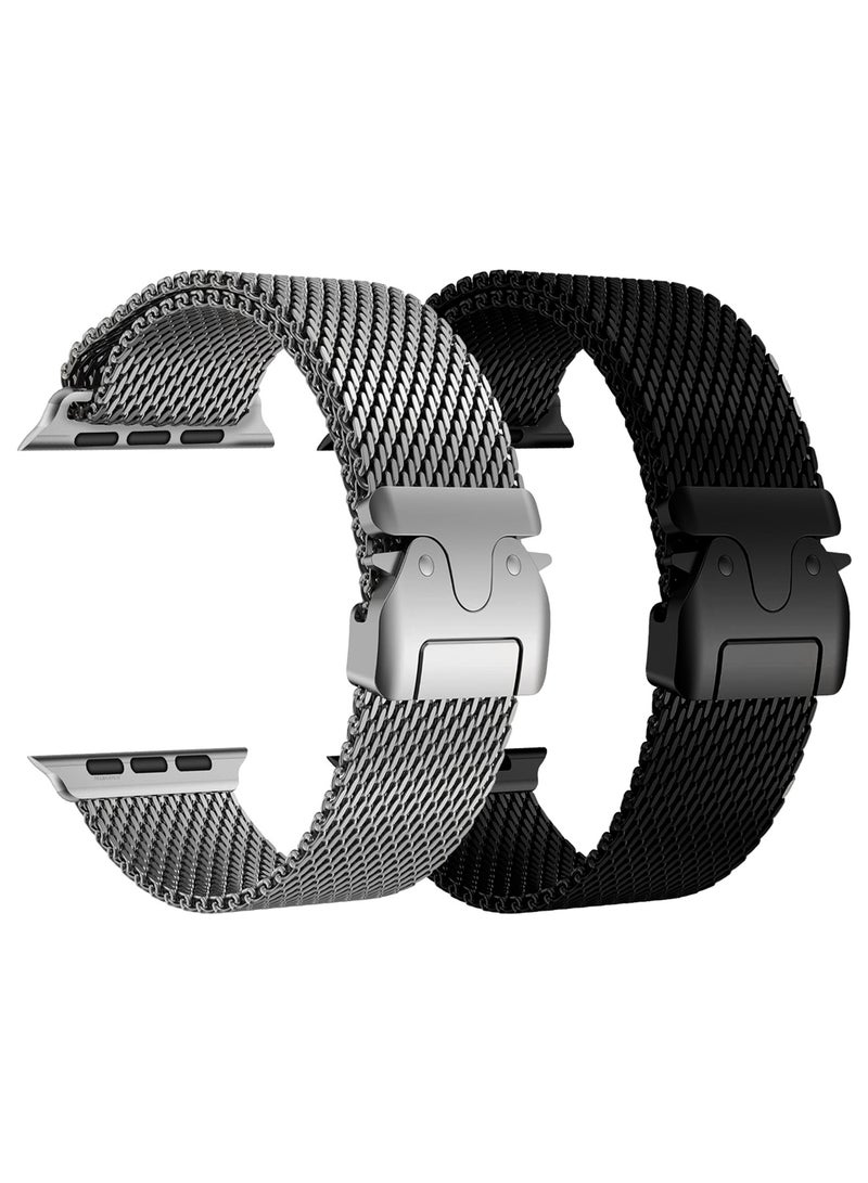 CATANES 2Packs Milanese Loop for Apple Watch Band Ultra 2 Band Ultra 49mm 46mm 45mm 44mm, Parachute-Style Buckle Stainless Steel Mesh Metal Band for iWatch Series 10-1 SE - Black Silver - Image 1