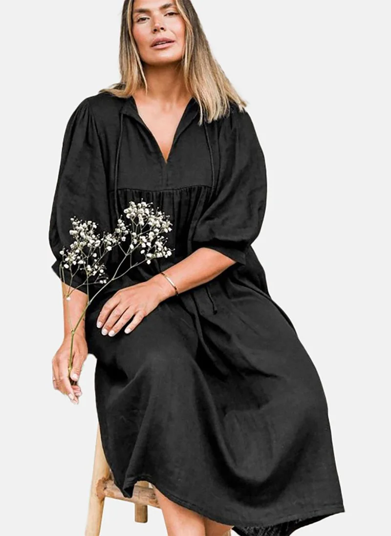 YUNIQEE Solid Tie-Up Neck  Fit and Flare Midi Dress