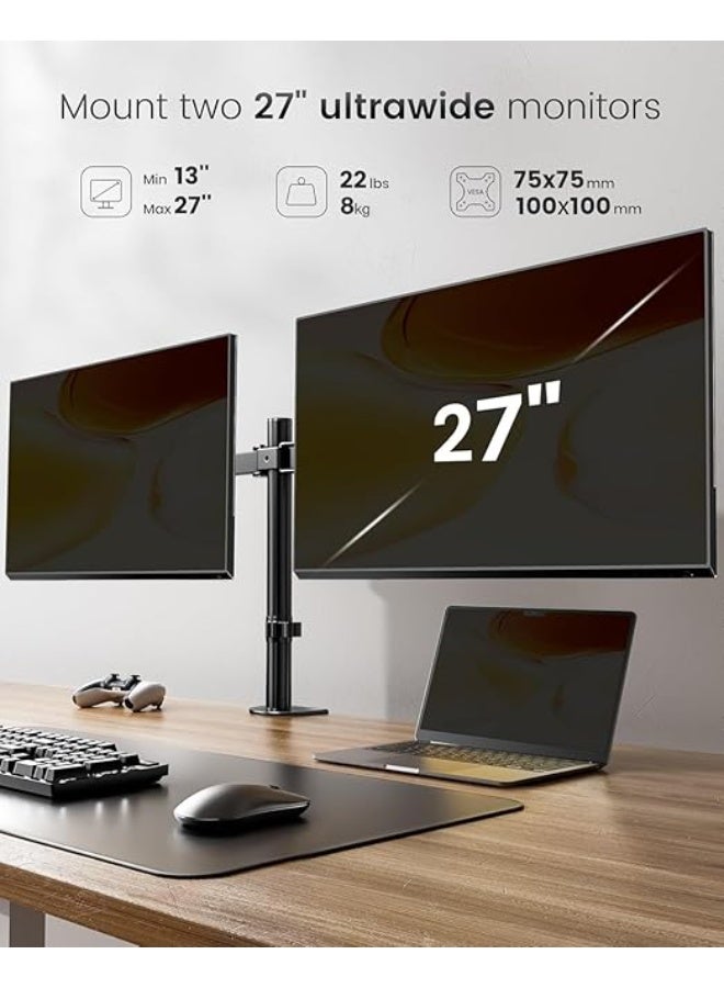 حامل شاشتين مكتبي متحرك بالكامل – ذراع مزدوج قابل للتعديل لشاشتين من 10 إلى 27 بوصة - Image 1