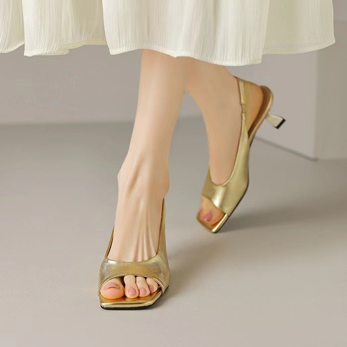 French Style Simple Open Toe Pumps 2025 Style Square Toe Elegant Stiletto Heel Roman Sandals For Women - Image 4