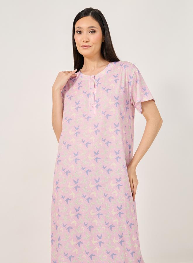 Styli All Over Bird Print Button Placket Sleep T-Shirt Dress - Image 2