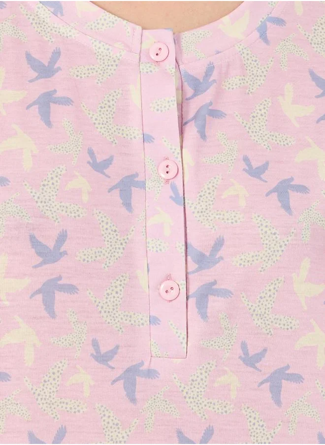 ستايلي All Over Bird Print Button Placket Sleep T-Shirt Dress
