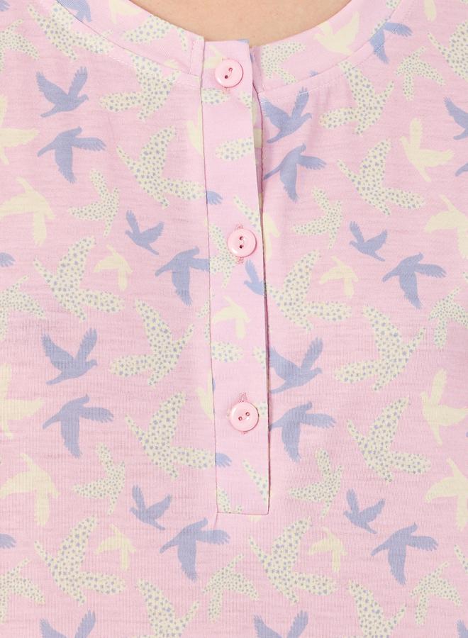 Styli All Over Bird Print Button Placket Sleep T-Shirt Dress - Image 3