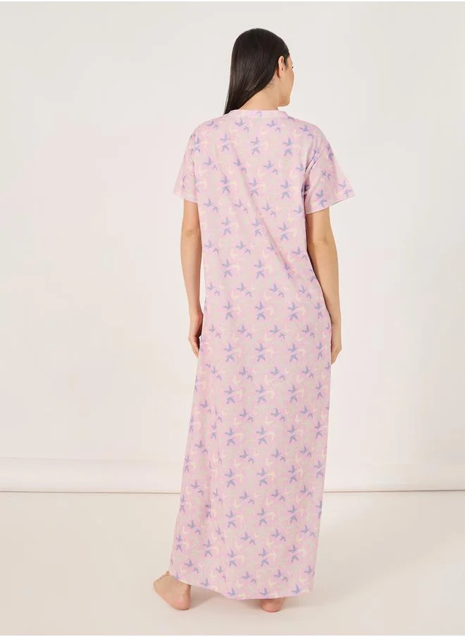 ستايلي All Over Bird Print Button Placket Sleep T-Shirt Dress
