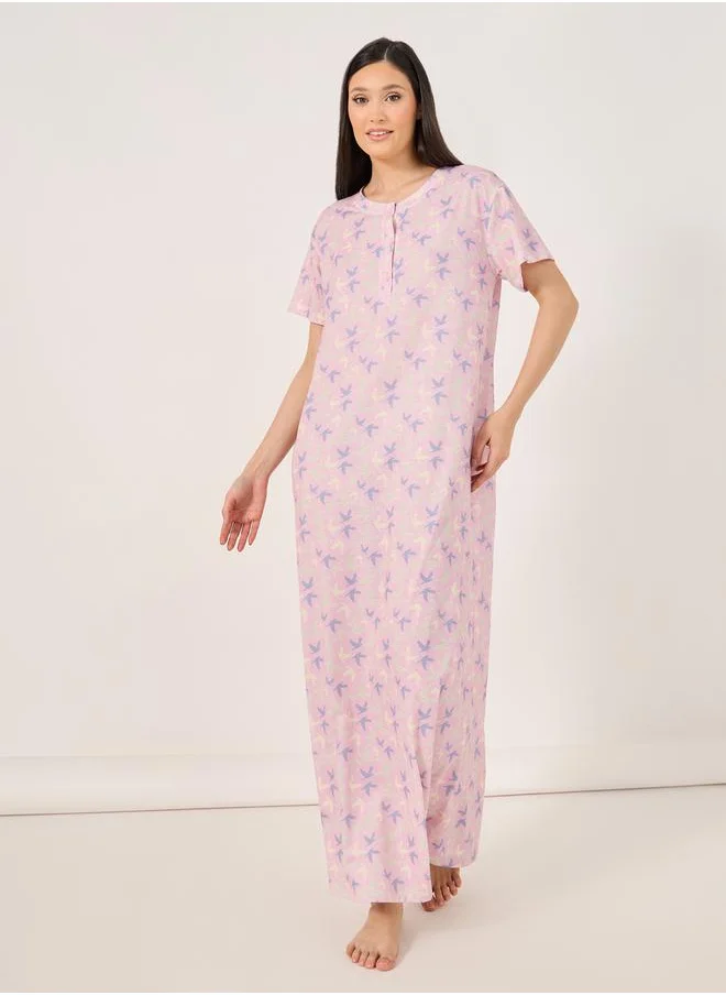 ستايلي All Over Bird Print Button Placket Sleep T-Shirt Dress