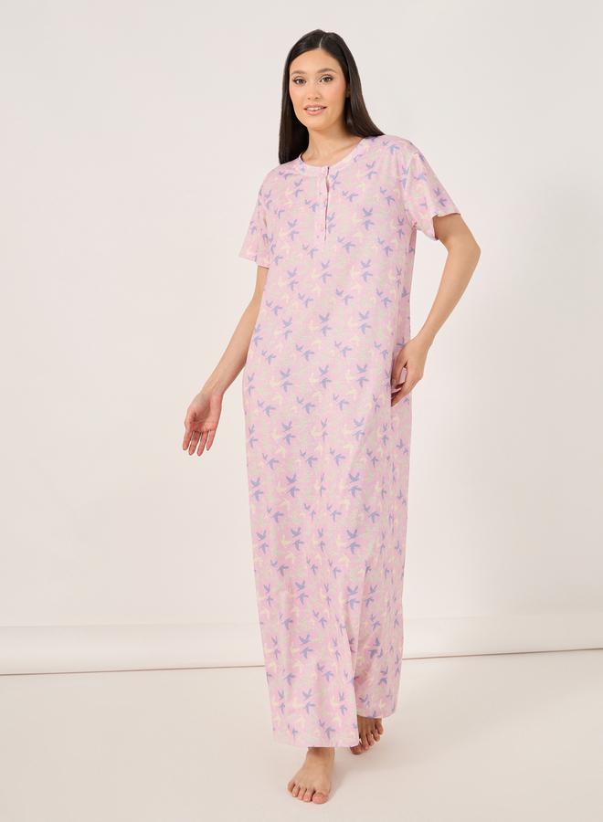 Styli All Over Bird Print Button Placket Sleep T-Shirt Dress - Image 1