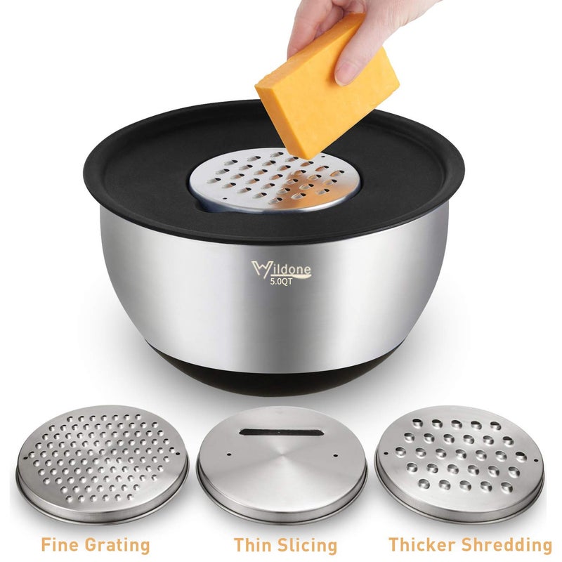 Wildone Mixing Bowls with Lids Set, 5PCS Stainless Steel Nesting Bowls with 3 Grater Attachments, Measurement Marks & Non-Slip Bottoms, Size 5, 3, 2, 1.5, 0.63 QT, Great for Mixing & Serving - Image 3