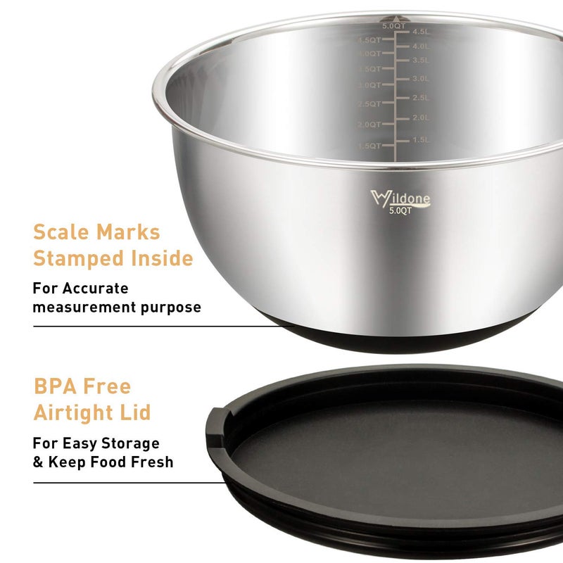 Wildone Mixing Bowls with Lids Set, 5PCS Stainless Steel Nesting Bowls with 3 Grater Attachments, Measurement Marks & Non-Slip Bottoms, Size 5, 3, 2, 1.5, 0.63 QT, Great for Mixing & Serving - Image 2