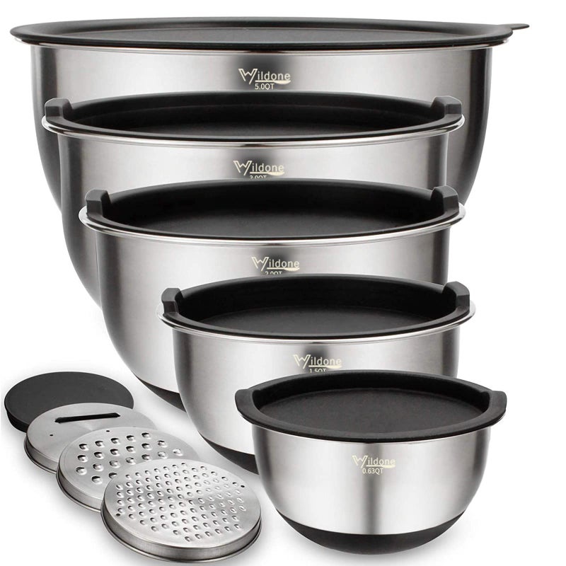 Wildone Mixing Bowls with Lids Set, 5PCS Stainless Steel Nesting Bowls with 3 Grater Attachments, Measurement Marks & Non-Slip Bottoms, Size 5, 3, 2, 1.5, 0.63 QT, Great for Mixing & Serving - Image 1
