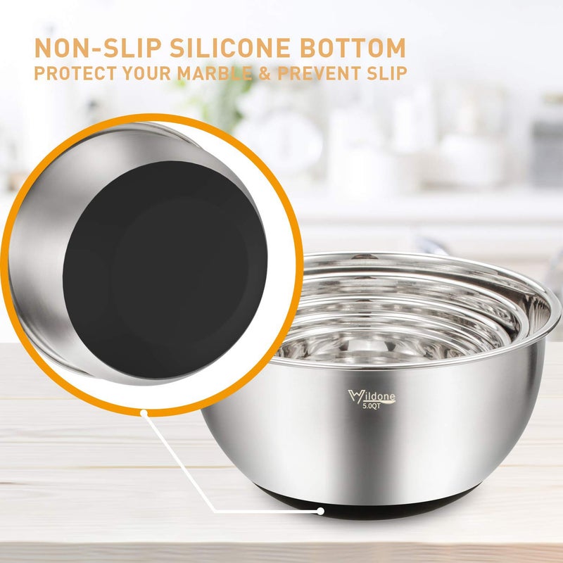 Wildone Mixing Bowls with Lids Set, 5PCS Stainless Steel Nesting Bowls with 3 Grater Attachments, Measurement Marks & Non-Slip Bottoms, Size 5, 3, 2, 1.5, 0.63 QT, Great for Mixing & Serving - Image 5