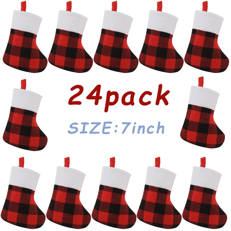 CCINEE 24 Pack Mini Christmas Stockings  7  Red and Black Buffalo Plaid Xmas Stocking with Plush Cuff Small Hanging Stocking Decoration for Holiday Home Wall Fireplace Christmas Tree Decor - Image 2