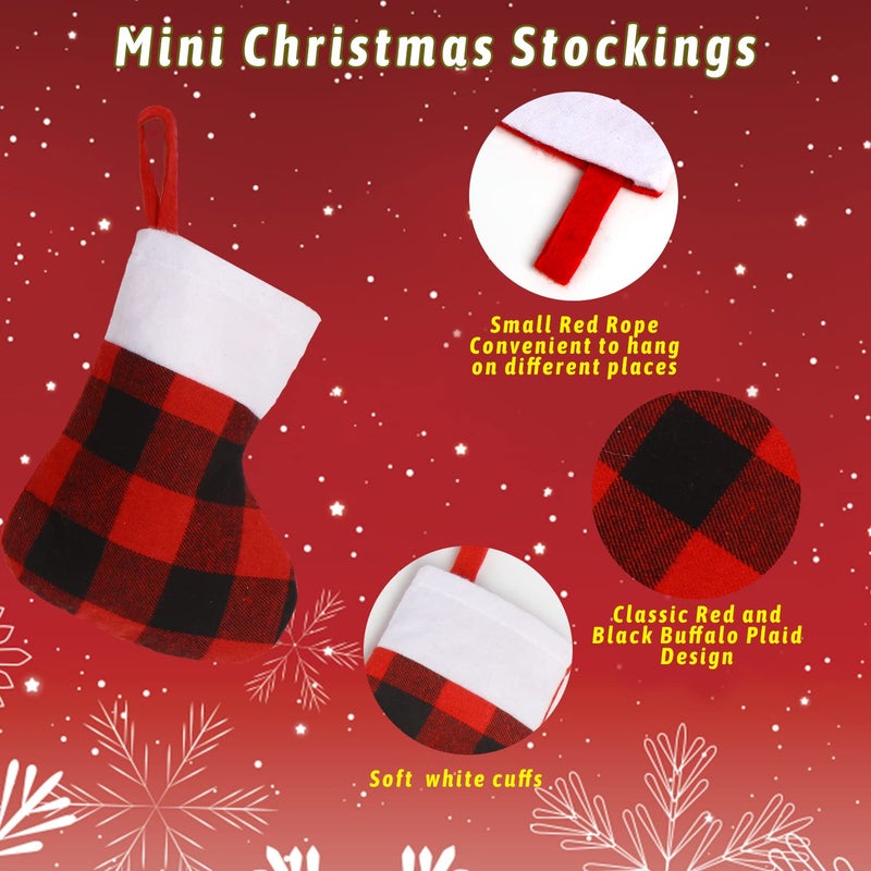 CCINEE 24 Pack Mini Christmas Stockings  7  Red and Black Buffalo Plaid Xmas Stocking with Plush Cuff Small Hanging Stocking Decoration for Holiday Home Wall Fireplace Christmas Tree Decor - Image 4