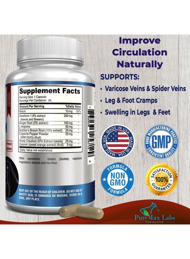 YUMMYVITE Blood Circulation Supplement With Hawthorn Butchers Broom Horse Chestnut Arginine Diosmin Varicose Veins Treatment For Legs Circulation And Vein Support Blood Flow Supplement. 90 Capsules - Image 3