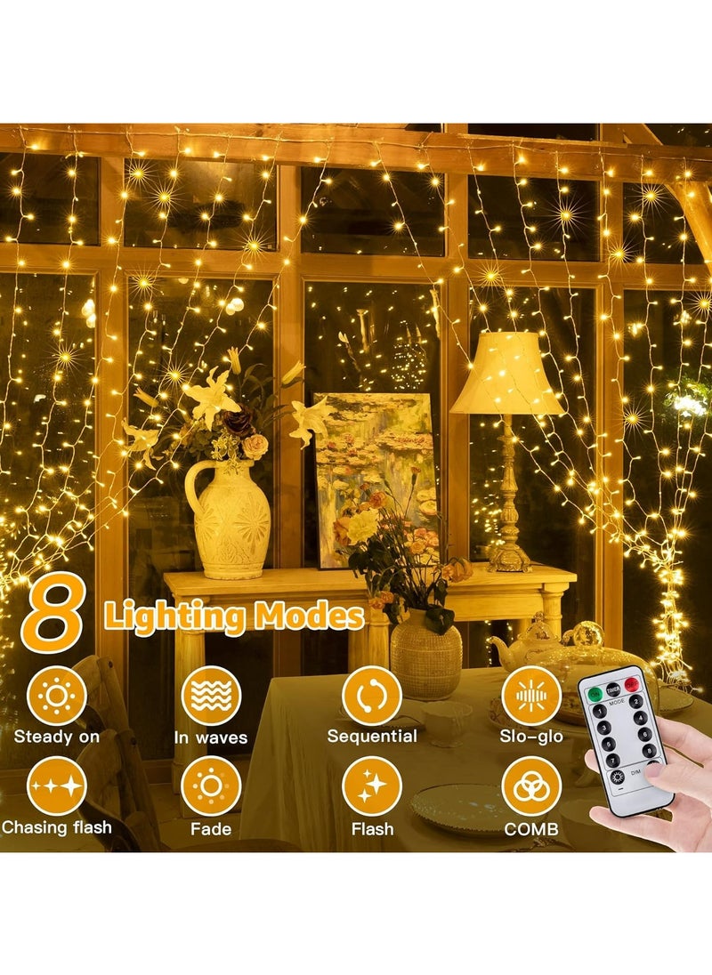 Dominy 300LED Fairy Curtain Lights, 3x3M Warm White USB Plug, 8 Modes String Hanging Lights with Remote for Window, Ramadan, Birthday, Indoor & Outdoor Party Decorations (Warm White, 3x3M)  - Image 4