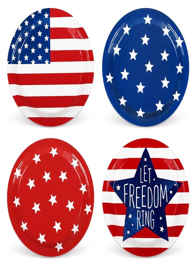 JarThenaAMCS 48Pcs Patriotic Paper Plates Stripes Star Disposable Plates 4 Designs American Flag 4th of July Decorative Plates for Independence Day Party Supplies Table Decorations, 9 in - Image 1