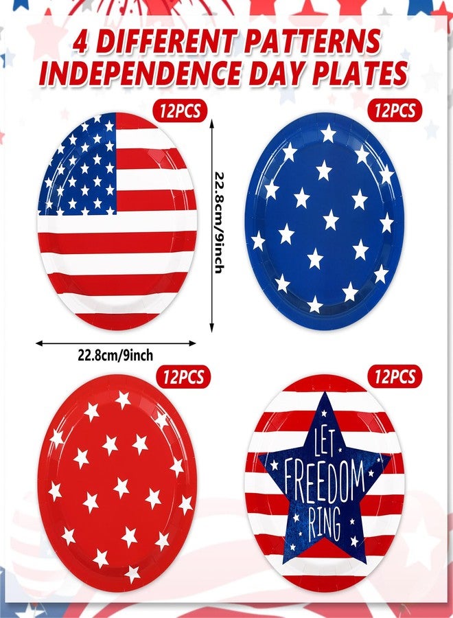 JarThenaAMCS 48Pcs Patriotic Paper Plates Stripes Star Disposable Plates 4 Designs American Flag 4th of July Decorative Plates for Independence Day Party Supplies Table Decorations, 9 in - Image 2