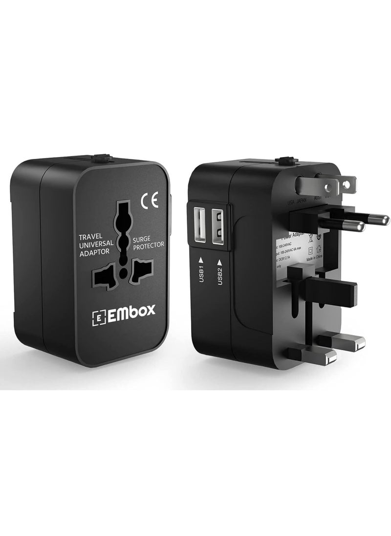 EMBOX Embox Universal Charger Adapter Worldwide Universal Travel Adapter All in one Wall Charger AC Multi Plug Adapter with 2 USB Charging Ports US EU UK AUS Mobile Phone Laptop Black Pack of 1  - Image 1