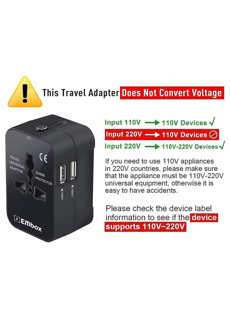 EMBOX Embox Universal Charger Adapter Worldwide Universal Travel Adapter All in one Wall Charger AC Multi Plug Adapter with 2 USB Charging Ports US EU UK AUS Mobile Phone Laptop Black Pack of 1  - Image 4