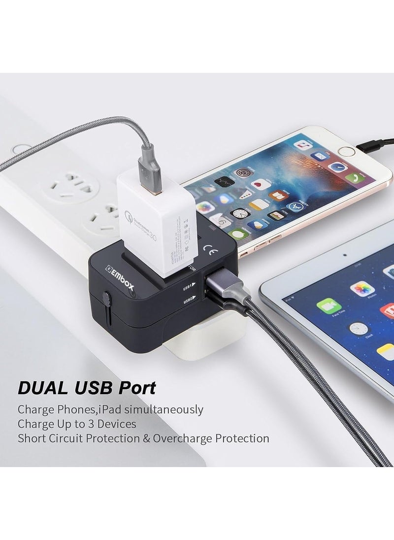 EMBOX Embox Universal Charger Adapter Worldwide Universal Travel Adapter All in one Wall Charger AC Multi Plug Adapter with 2 USB Charging Ports US EU UK AUS Mobile Phone Laptop Black Pack of 1  - Image 3