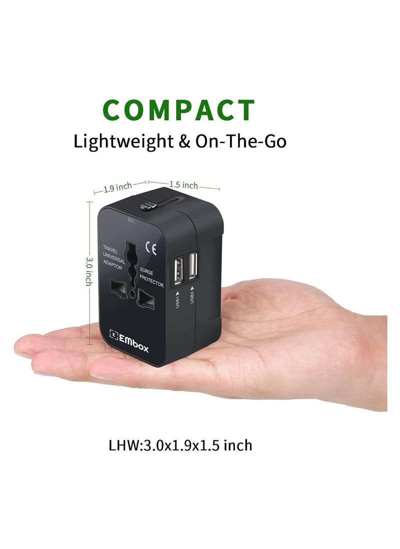 EMBOX Embox Universal Charger Adapter Worldwide Universal Travel Adapter All in one Wall Charger AC Multi Plug Adapter with 2 USB Charging Ports US EU UK AUS Mobile Phone Laptop Black Pack of 1  - Image 2