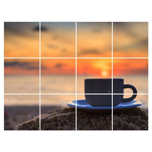 Brandian Kitchen Tile Stickers Sunset Coffee Cup Design for Kitchen Backsplash, Waterproof and Oil-Proof Decorative Tile Decals (12pcs, Pre Cut Tiles)-Self-Adhesive - Image 1