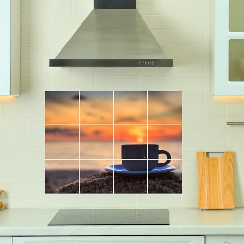 Brandian Kitchen Tile Stickers Sunset Coffee Cup Design for Kitchen Backsplash, Waterproof and Oil-Proof Decorative Tile Decals (12pcs, Pre Cut Tiles)-Self-Adhesive - Image 3