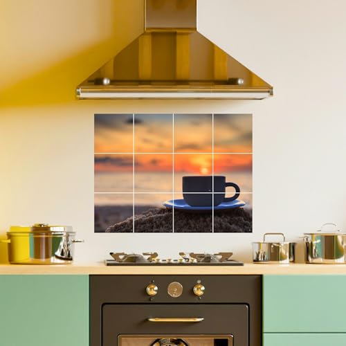 Brandian Kitchen Tile Stickers Sunset Coffee Cup Design for Kitchen Backsplash, Waterproof and Oil-Proof Decorative Tile Decals (12pcs, Pre Cut Tiles)-Self-Adhesive - Image 2