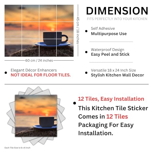 Brandian Kitchen Tile Stickers Sunset Coffee Cup Design for Kitchen Backsplash, Waterproof and Oil-Proof Decorative Tile Decals (12pcs, Pre Cut Tiles)-Self-Adhesive - Image 5