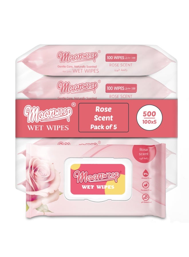 Moonwisp Wet Wipes for Cleaning and Hand Sanitizing, Rose Scented, Moisturizing, Travel-Friendly, Hypoallergenic, All-Purpose Wipes, Perfect for Adults and Kids (Red, PACK 5) - Image 1
