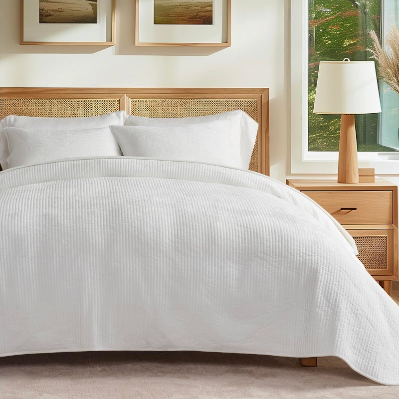EVERGRACE Velvet Quilt Set Queen Size, Luxurious Soft Quilted Bedding Sets, Lightweight Velvet Comforter for All Season, Striped Channel Bedspread Coverlet with 2 Shams, Bright White - Image 1