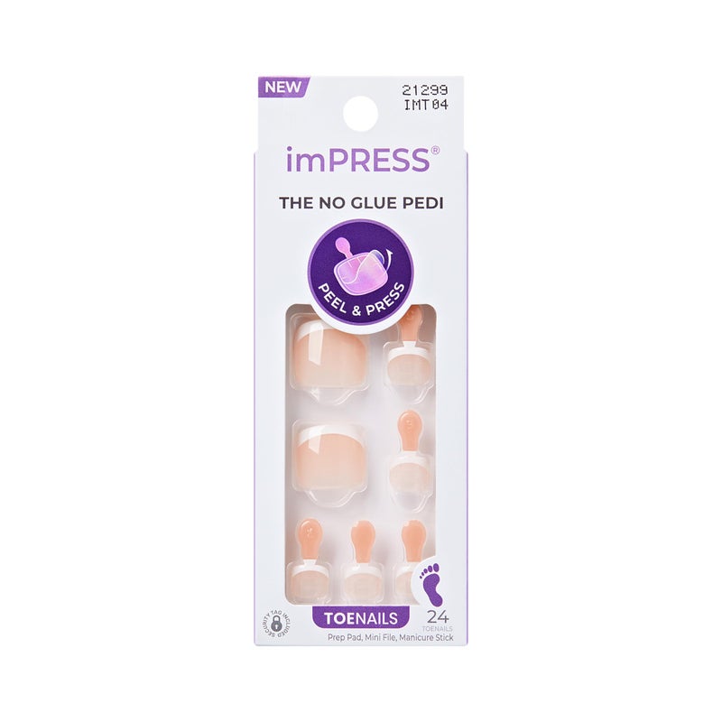 Impress KISS imPRESS French Tip Press On Toenails, 'Blanc Chic', White, Short Squoval, Pedicure Nail Kit Includes 24 Press On Toenails, Prep Pad, Mini Nail File, & Pedicure Stick - Image 1