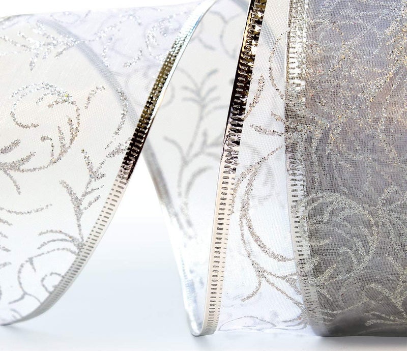 OLYPHAN Wire Edged Ribbon Silver Sheer Organza Gift Wrap Ribbon 50 Yards x 2.5 inch Wide Clearance Metallic Wired Trim & Glitter Decorative White 1 Roll Large - Image 2
