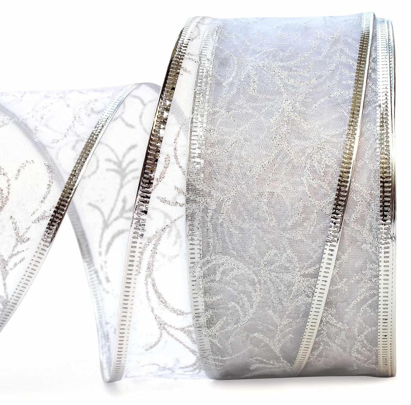 OLYPHAN Wire Edged Ribbon Silver Sheer Organza Gift Wrap Ribbon 50 Yards x 2.5 inch Wide Clearance Metallic Wired Trim & Glitter Decorative White 1 Roll Large - Image 1